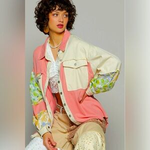 POL Floral Patchwork Button Up Shirt Jacket Shacket Coral Tan NWOB 100% Cotton M